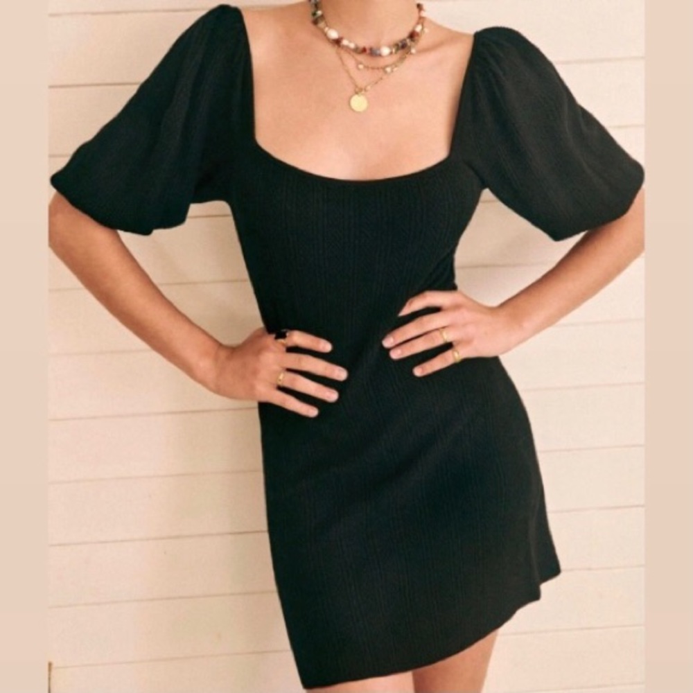 Sezane Clelia Black Knit Dress with Puff Sleeves